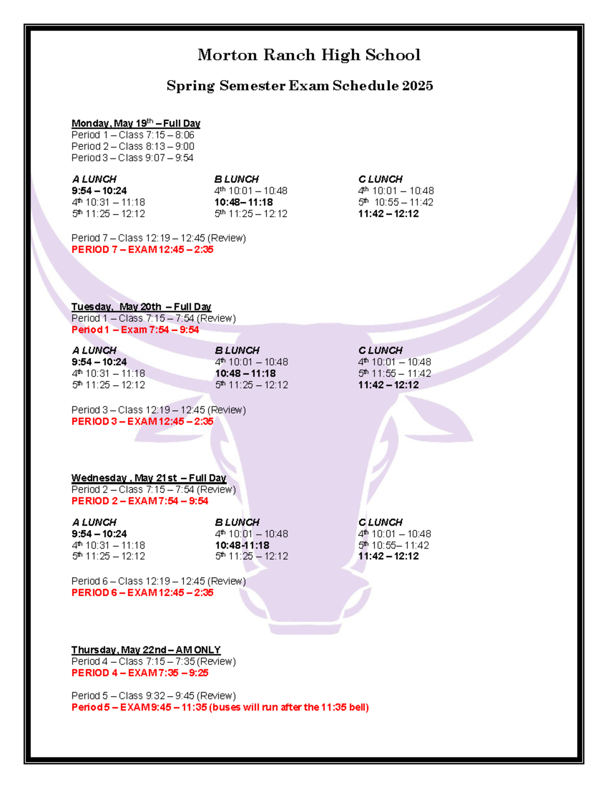 Morton Ranch HS Spring 2025 Exam Schedule - Studocu