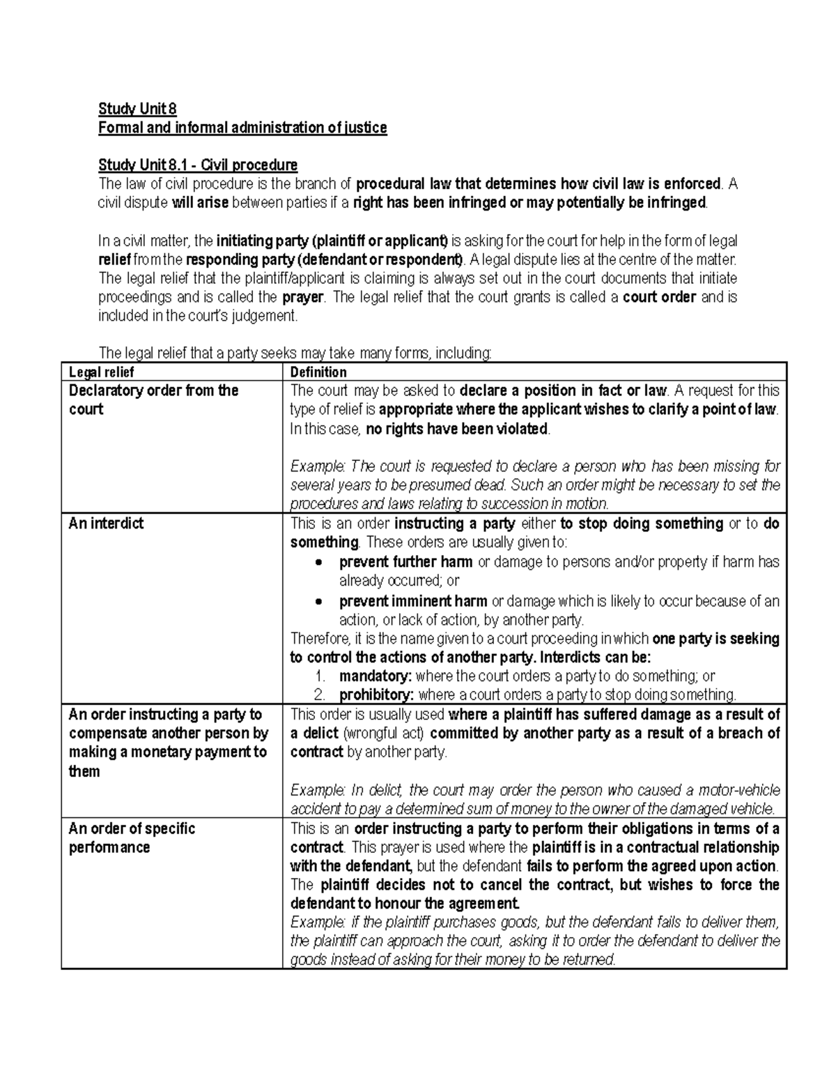 Study Unit 8: Civil Procedure and Administration of Justice Notes - Studocu