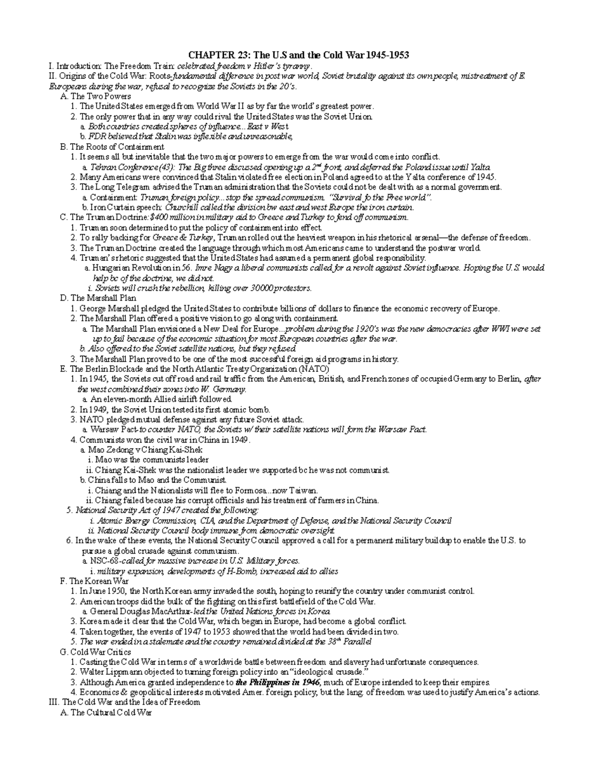 Ch. 23: The U.S. and the Cold War - APUSH Outline with Additions - Studocu