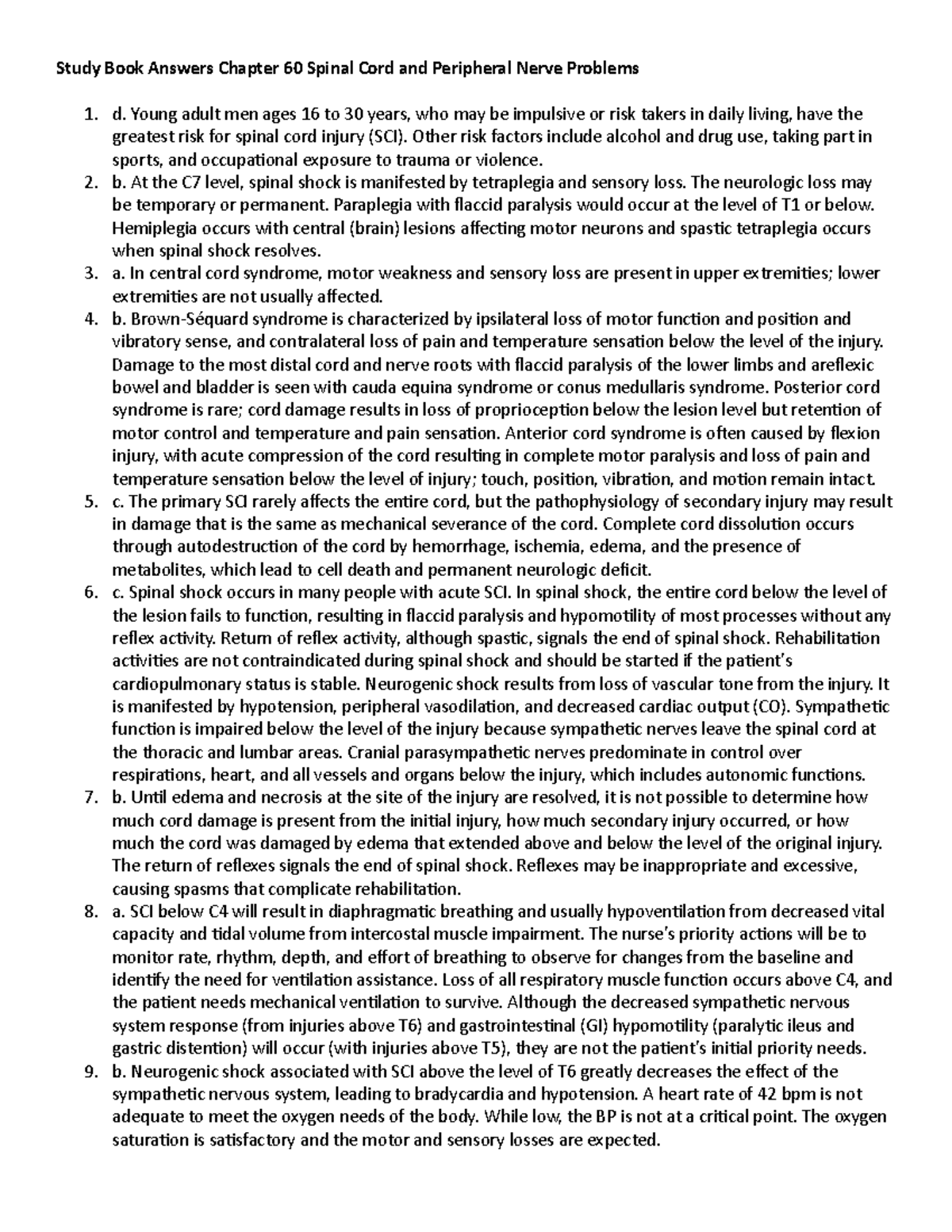 Study Book Answers for Chapter 60: Spinal Cord & Peripheral Nerve ...