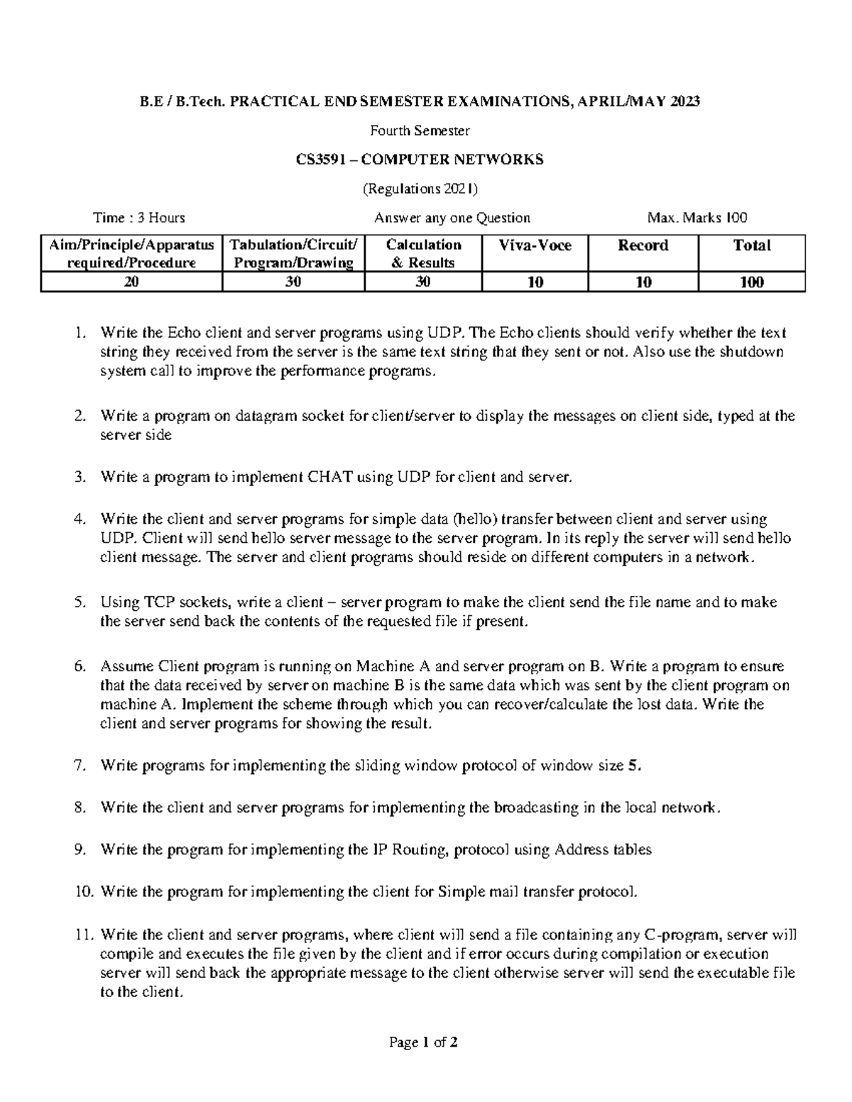 CS3591 COMPUTER NETWORKS Practical End Semester Exam Manual 2023 - Studocu