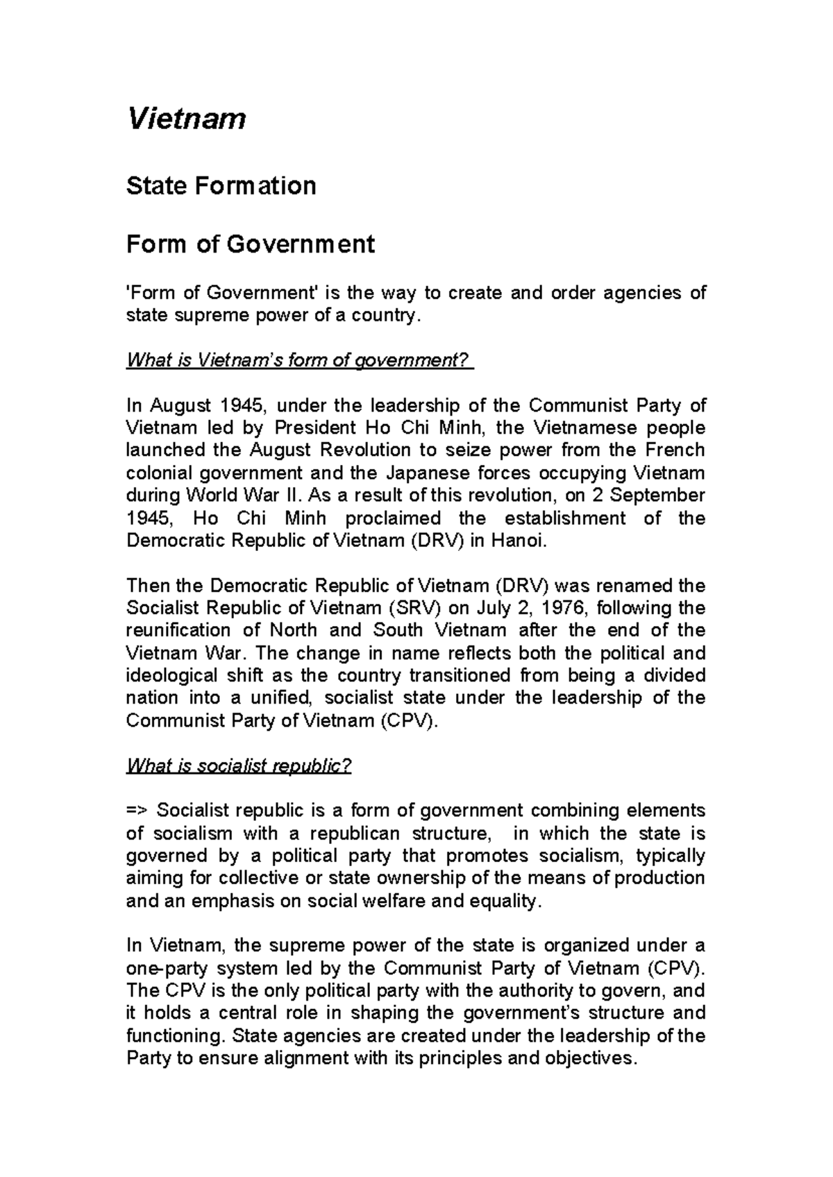 Vietnam - State Formation and Government Structure Overview - Studocu