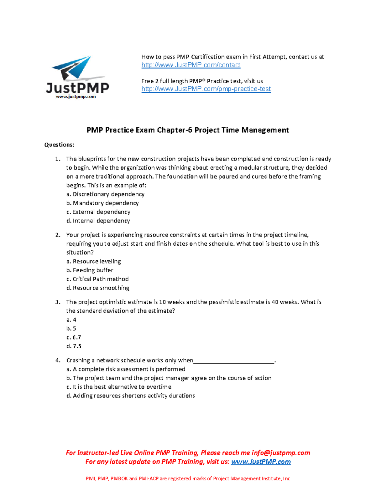PMP Chapter 6 test Project Time Management - For Instructor-led Live ...