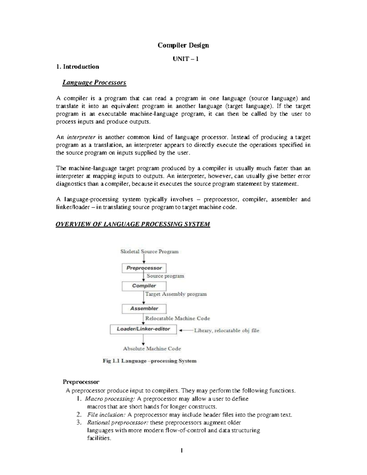 Compiler Design: UNIT 1 - Introduction to Language Processors - Studocu