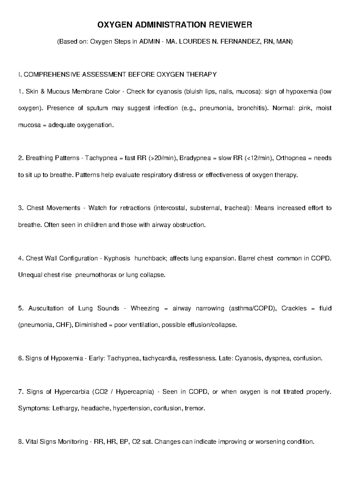 OXYGEN ADMINISTRATION REVIEWER: Key Assessment Steps for Therapy - Studocu
