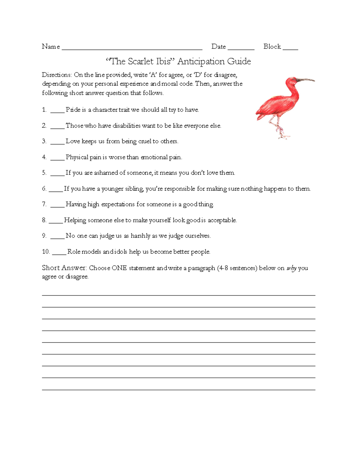 Scarlet Ibis Anticipation Guide: Reflecting on Key Themes and Morals ...