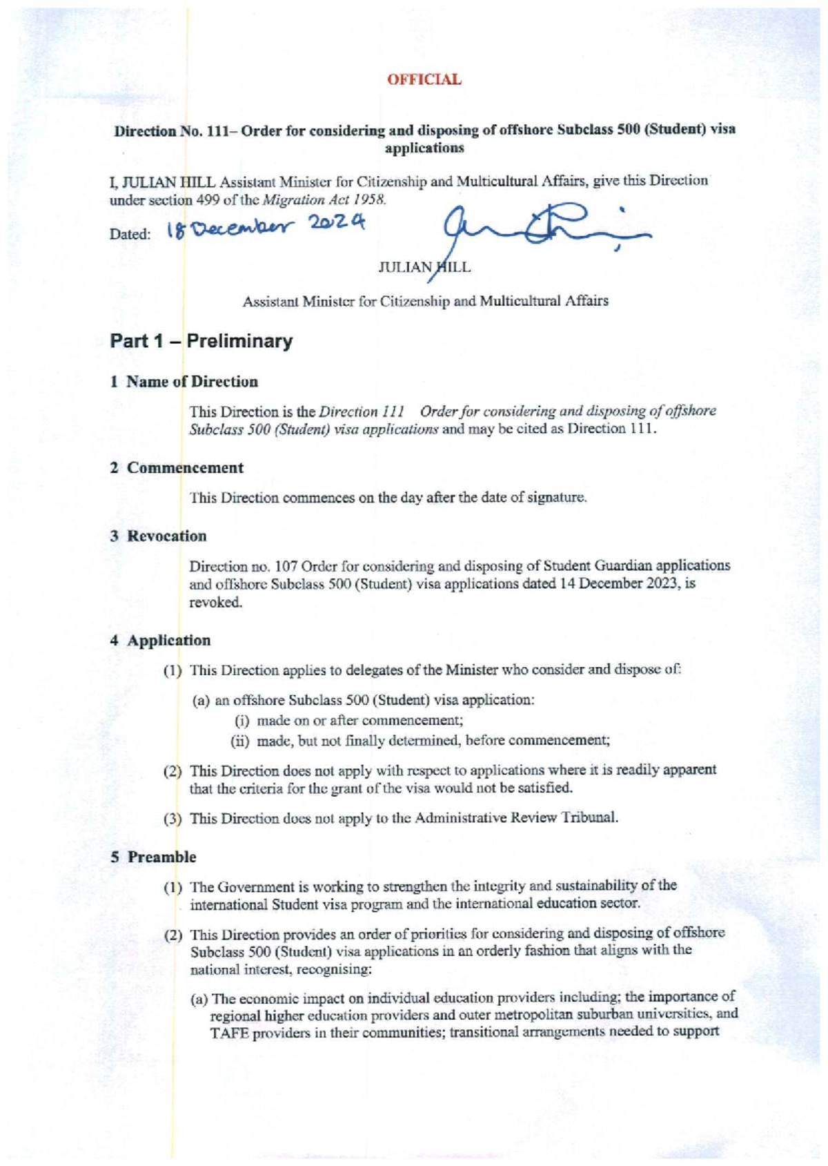 Direction Order for Offshore Subclass 500 (Student) Visa Applications ...