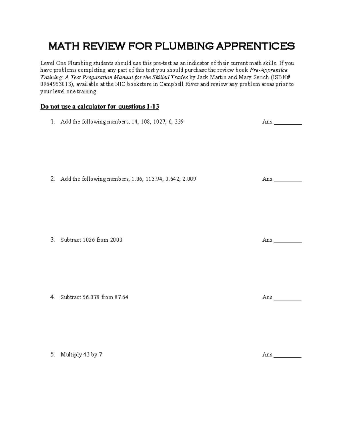 MATH 101: Math Review for Plumbing Apprentices - Level One - Studocu