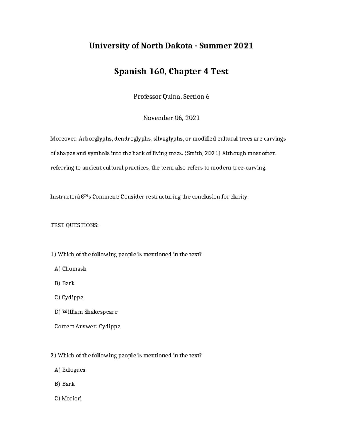 Spanish 160 Chapter 4 TEST - University of North Dakota - Summer 2021 ...