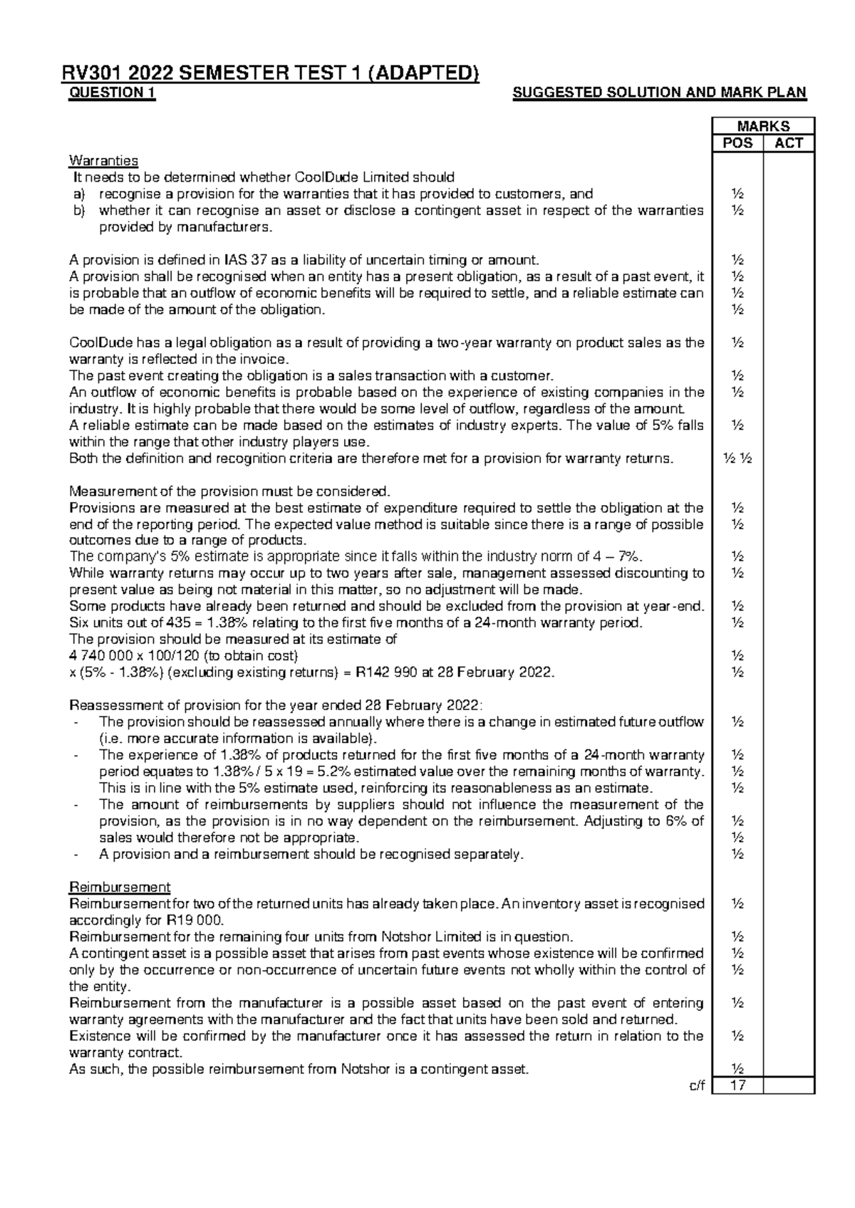 RV301 - Test 1 2022 (Q1 Solutions: Warranties & Provisions) - Studocu
