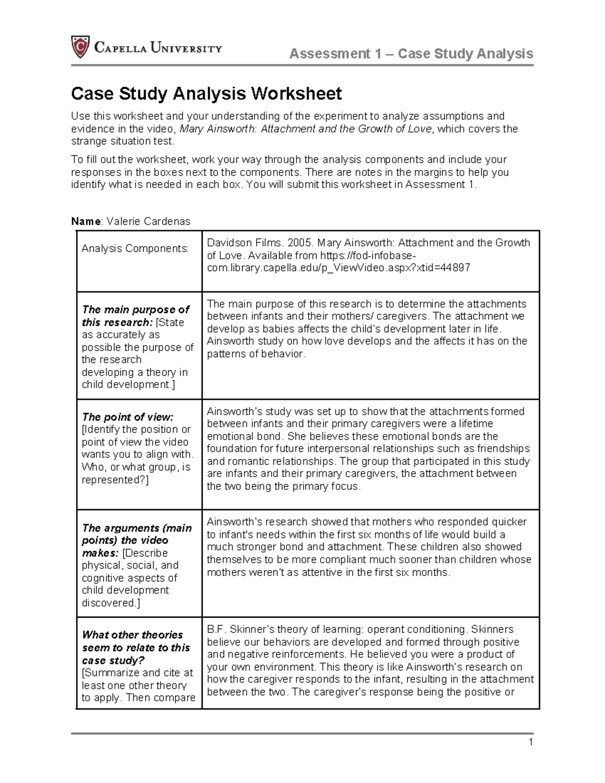 Case Study Analysis Worksheet for PSYC-FP2700: Ainsworth's Attachment ...