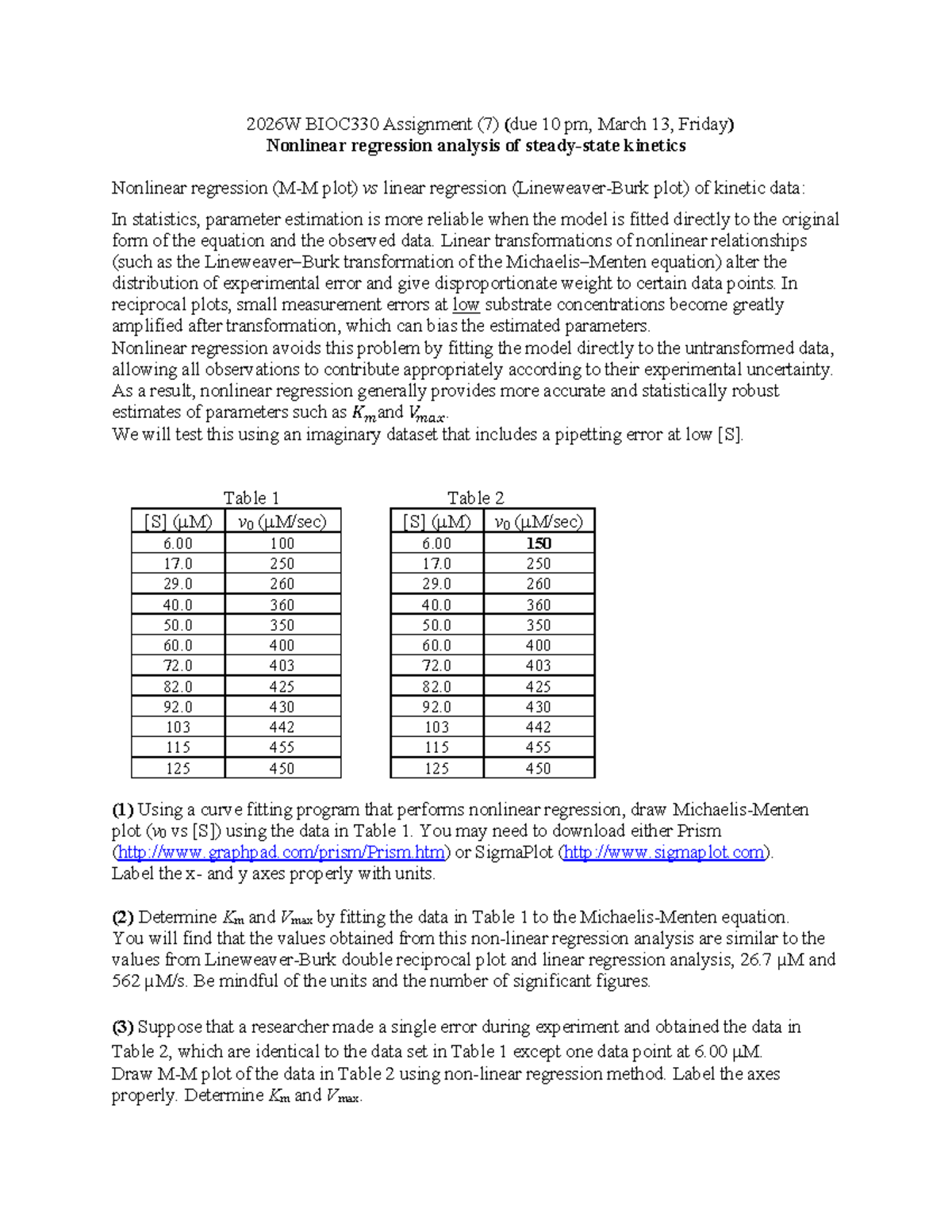 2026W BIOC330 Assignment 7: Nonlinear vs Linear Regression Analysis ...