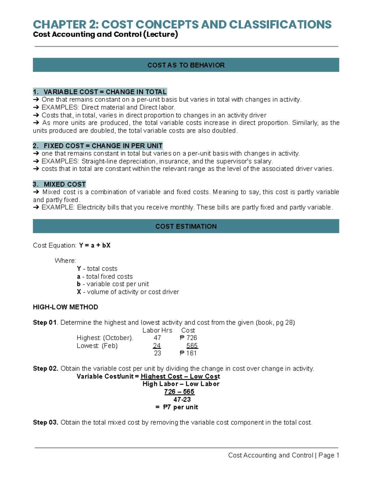 CHAPTER 2: COST CONCEPTS AND CLASSIFICATIONS (Lecture Notes) - Studocu