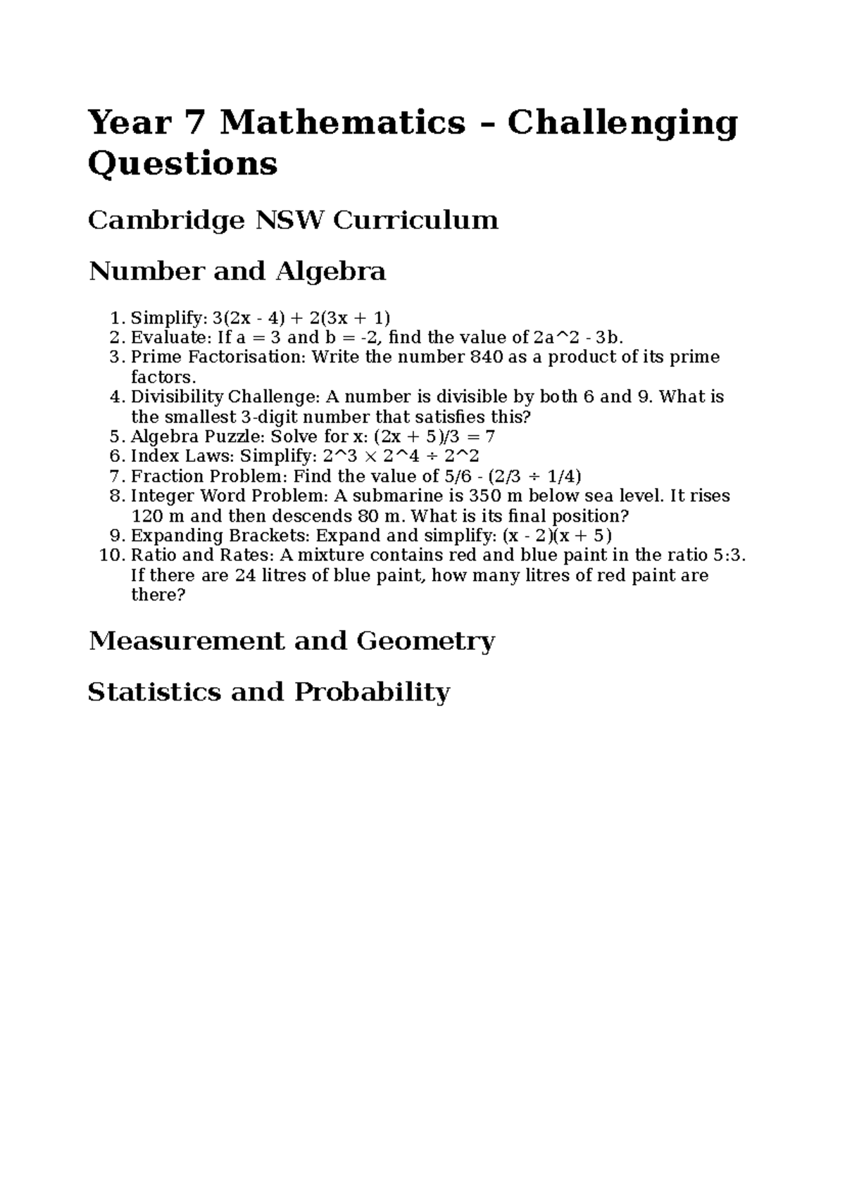 Year 7 Maths Challenging Questions Cambridge NSW Curriculum Studocu
