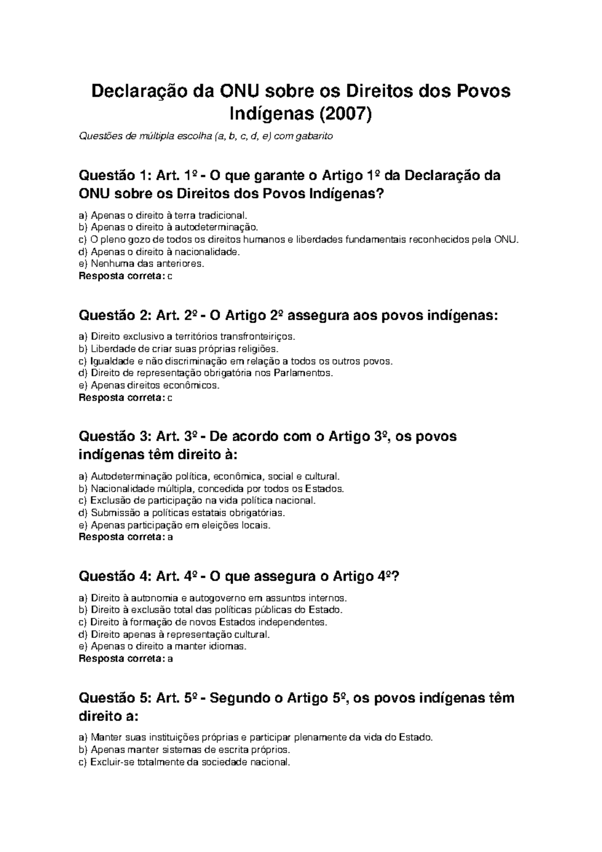 Questões de Múltipla Escolha sobre a Declaração da ONU (2007) - Studocu