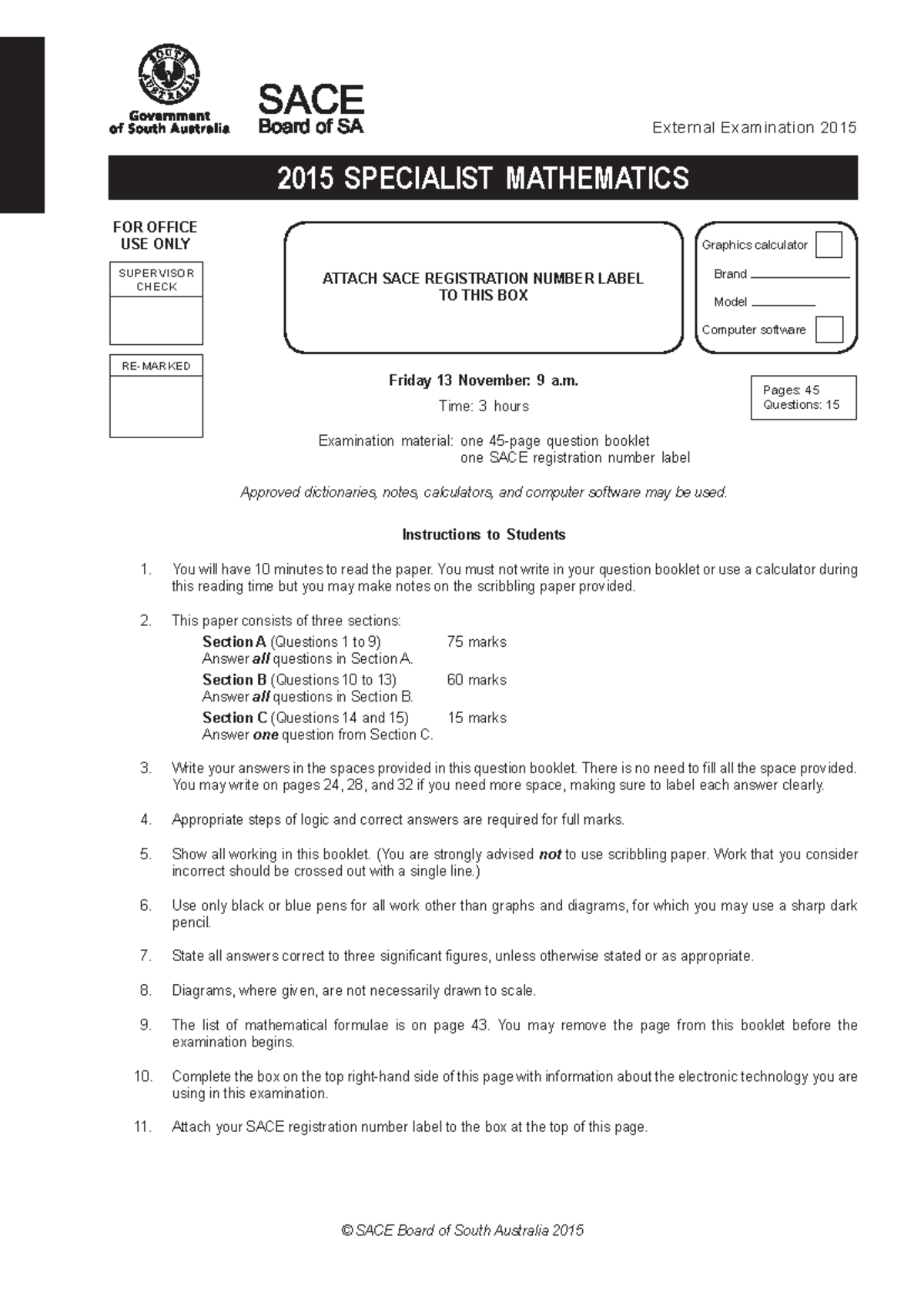 2015 Specialist Mathematics Final Exam Paper - Studocu