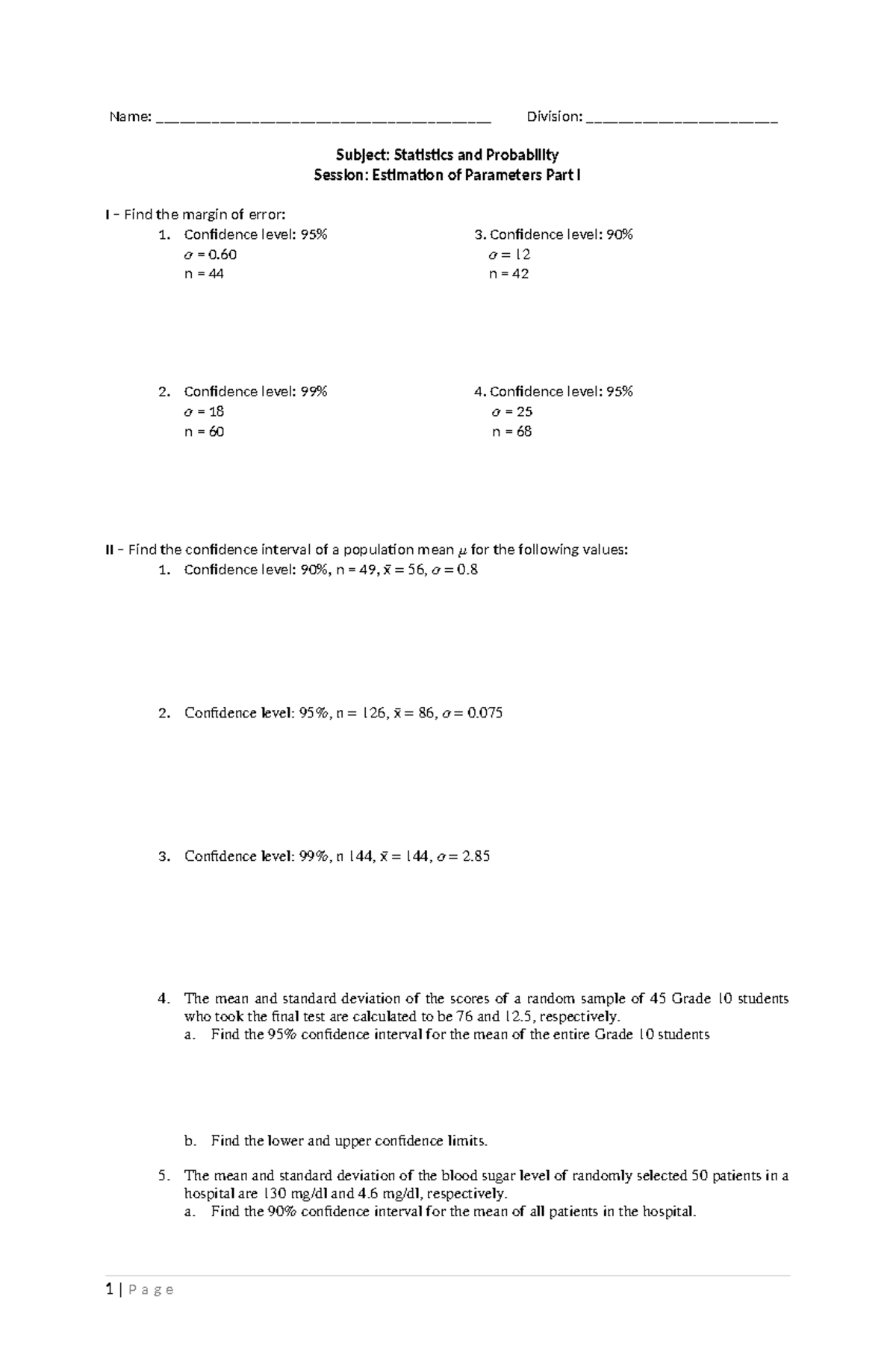 Worksheet: Estimation of Parameters Part I (Stats Prob WEEK6) - Studocu