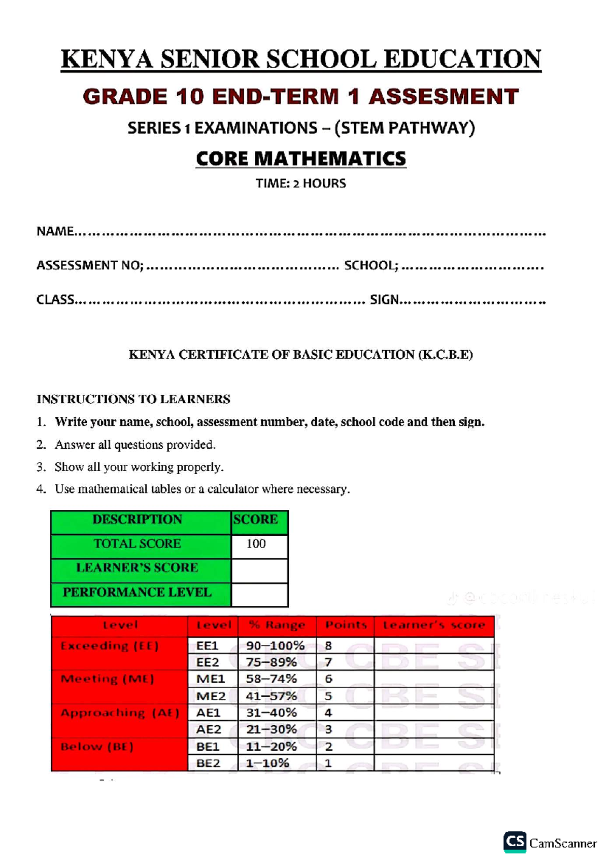 G10 CORE Mathematics Assessment Series 1 Exam (STEM Pathway) - Studocu