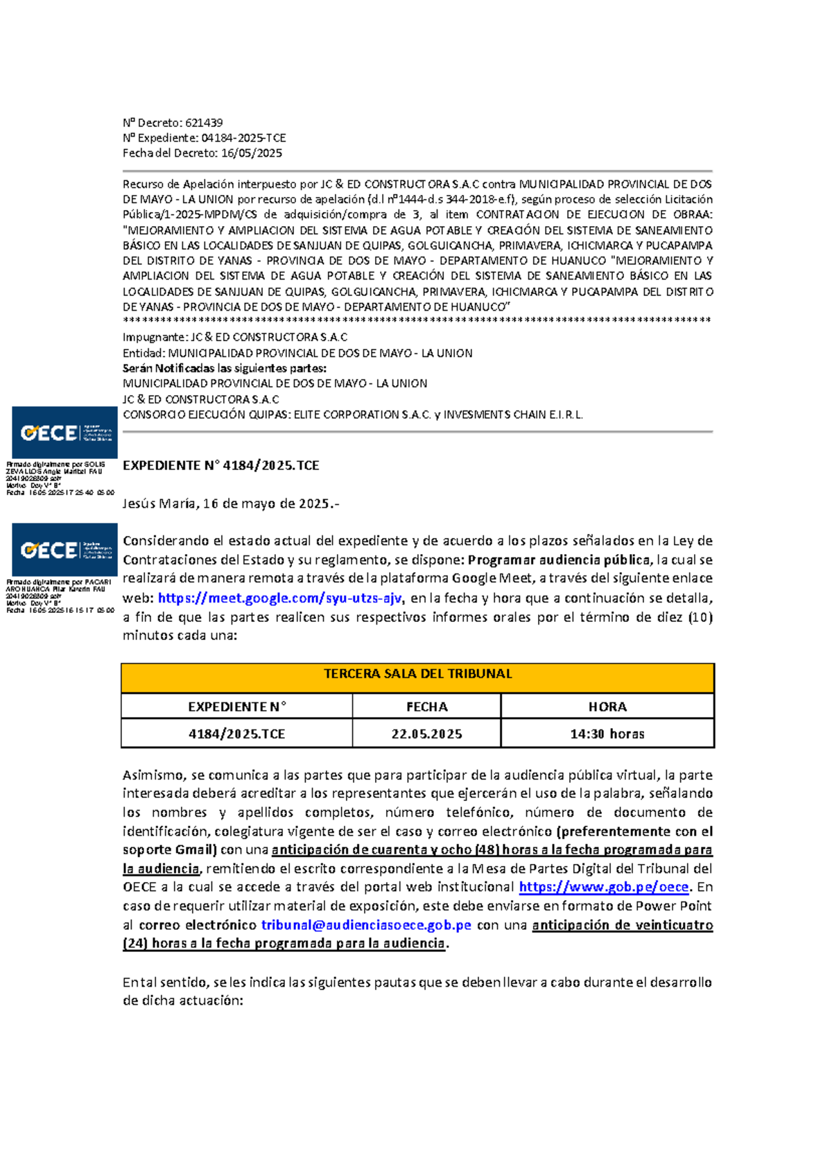 Decreto 621439: Recurso de Apelación de JC ED Constructora S.A.C. - Studocu