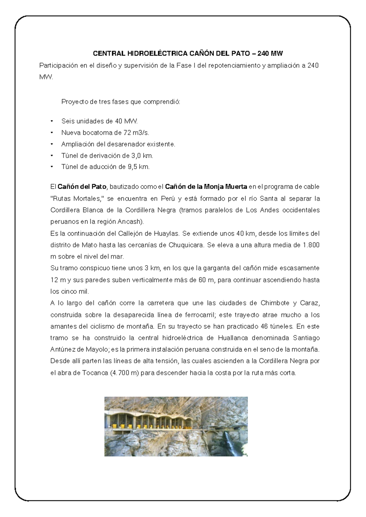 Memoria de Cálculo: Central Hidroeléctrica Cañón del Pato 240 MW - Document Preview