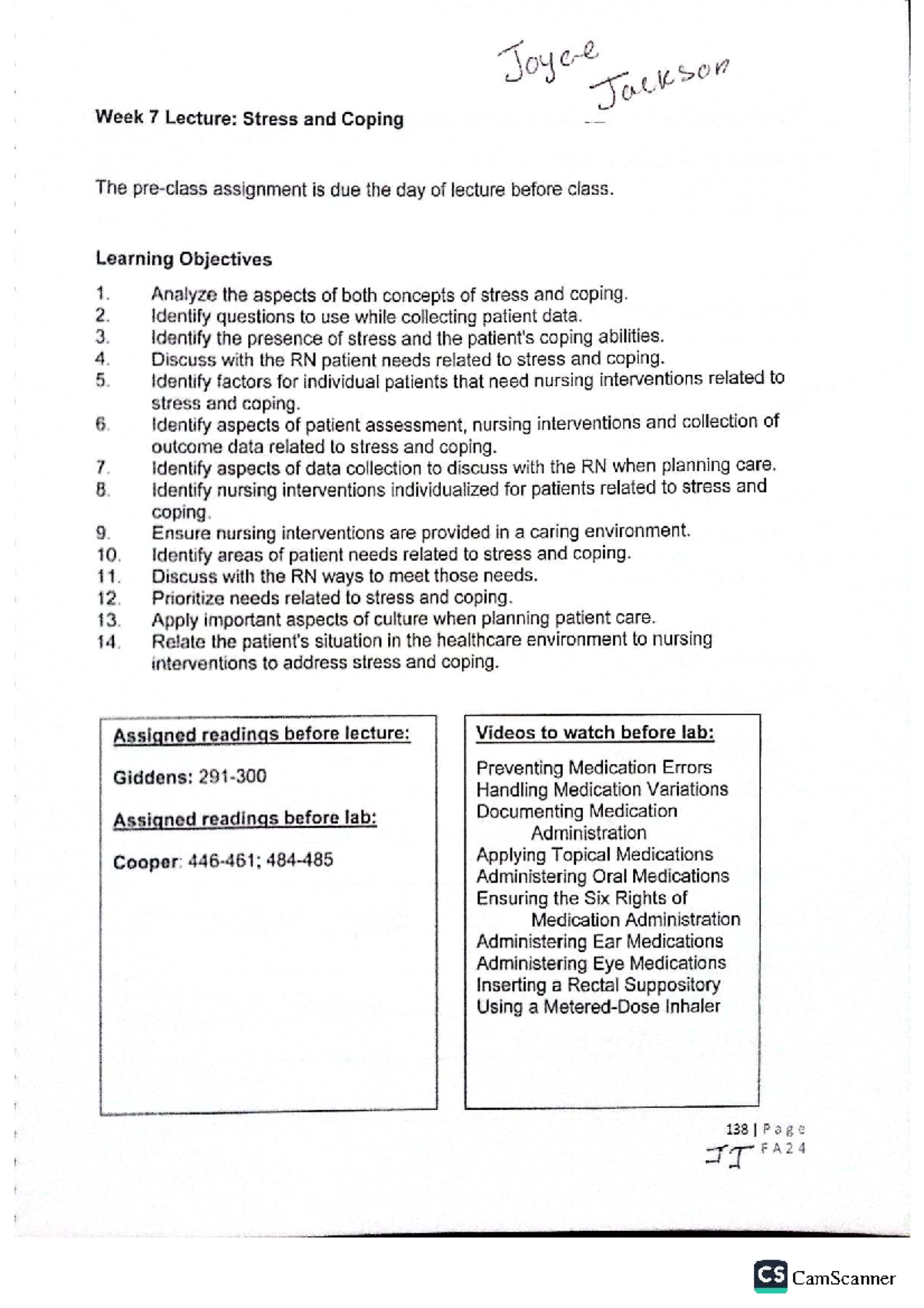 NUR150 FA24 Week 7 Lecture: Stress Assessment & Coping Strategies - Studocu