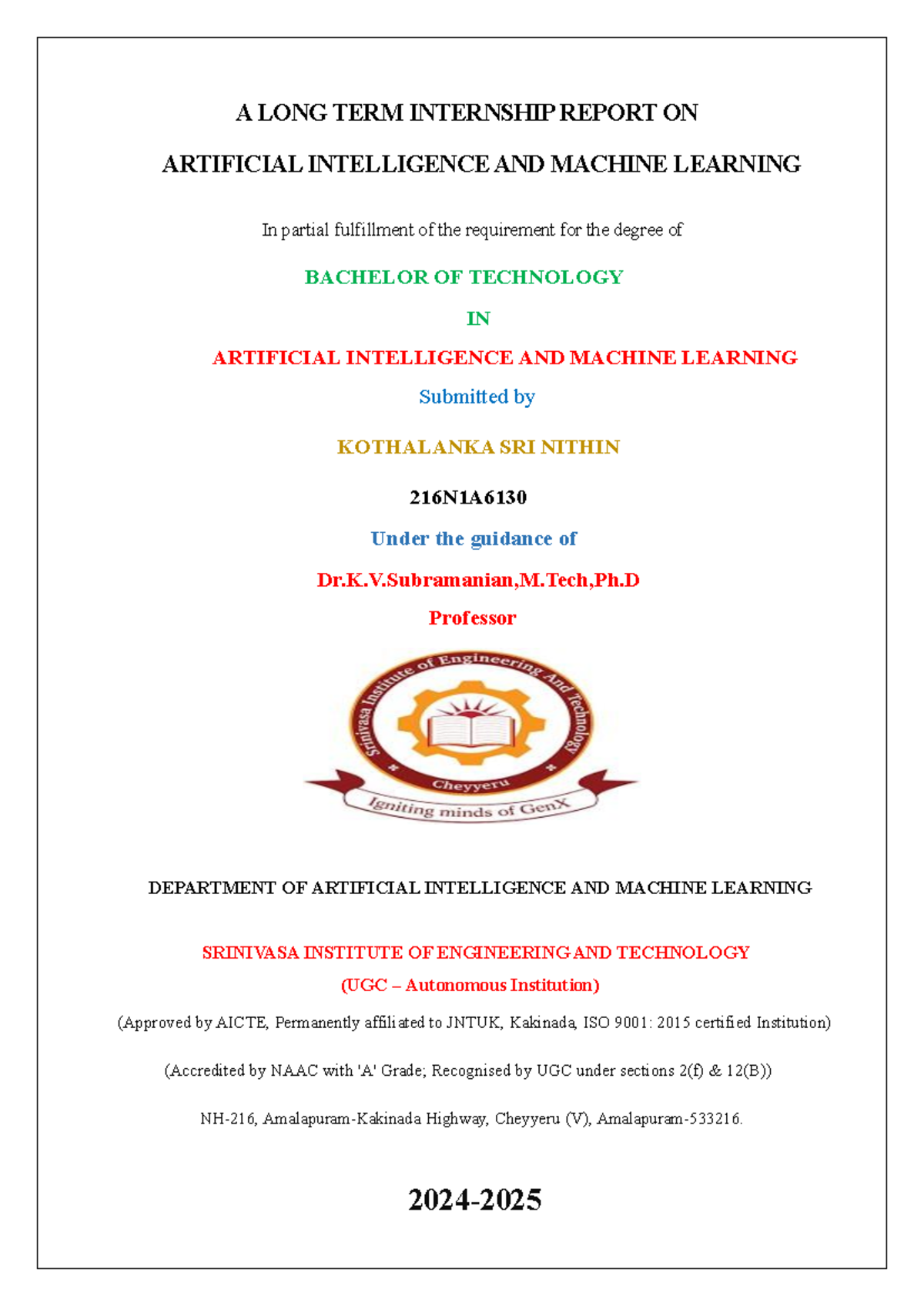 Long term internship report on AI and ML - B.Tech 216N1A6130 - Studocu