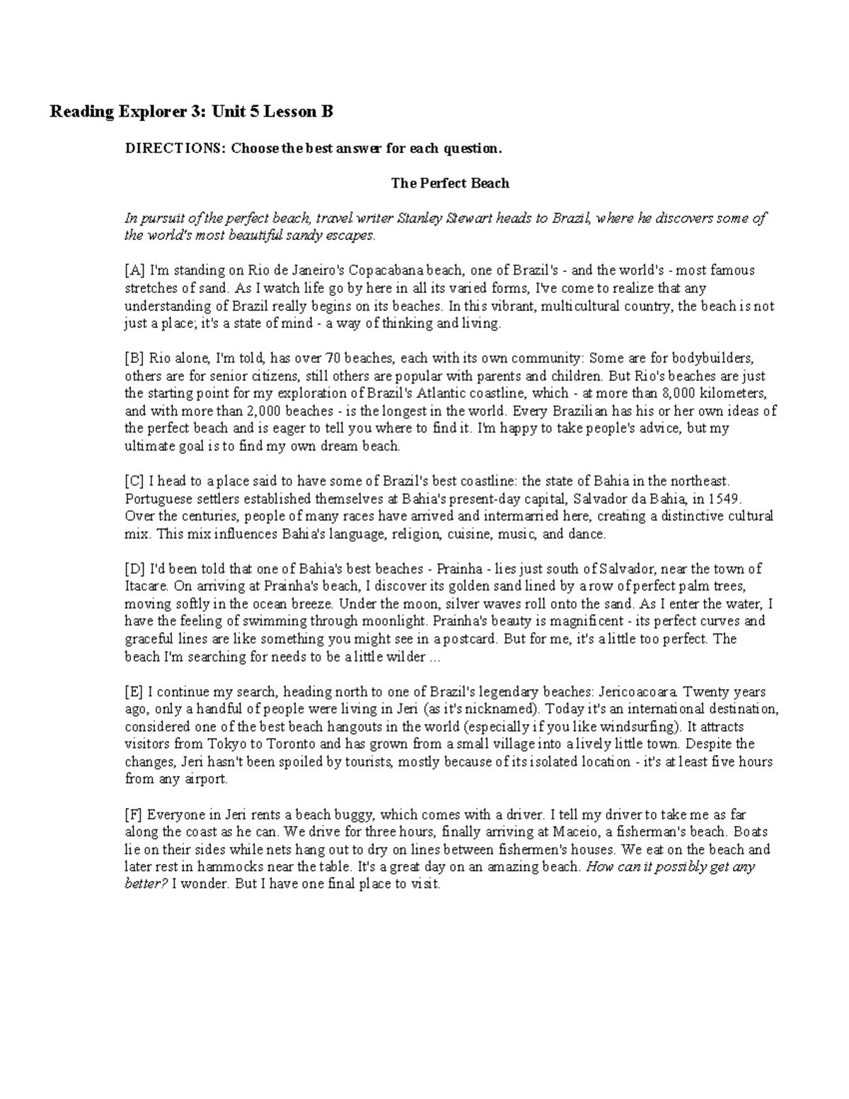 Reading Explorer 3: Unit 5, Lesson B - The Search for Perfect Beaches ...