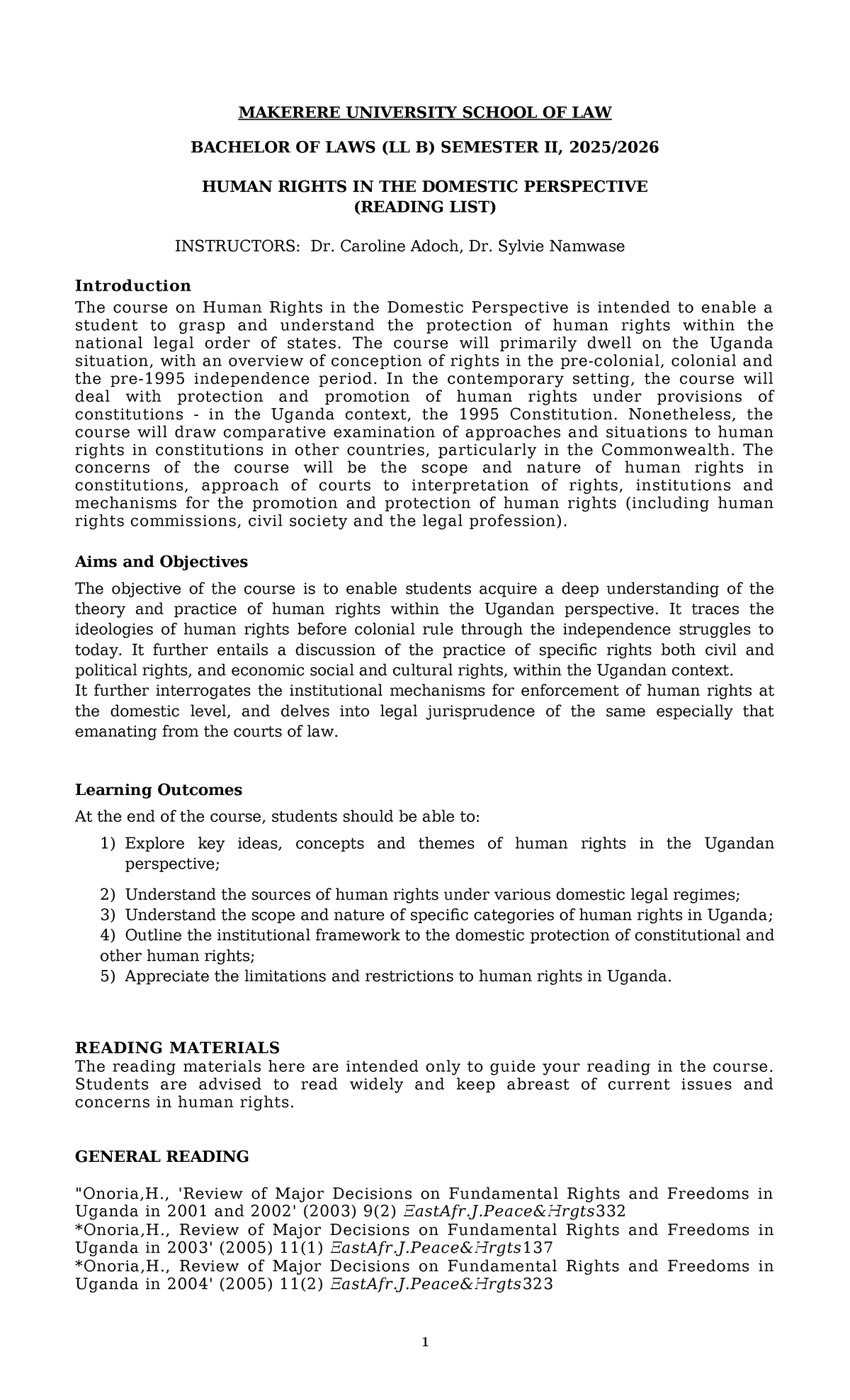 Reading List for Human Rights II (LLB) at Makerere University - Studocu