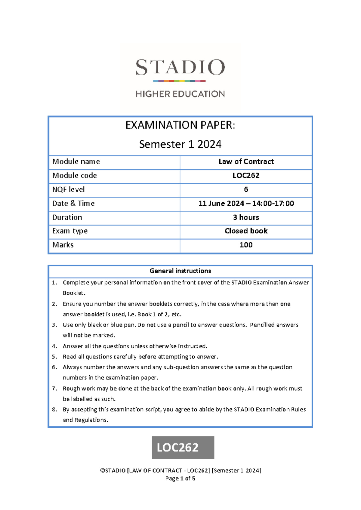 LOC262 2024 01 Law of Contract Final Exam Paper - Studocu