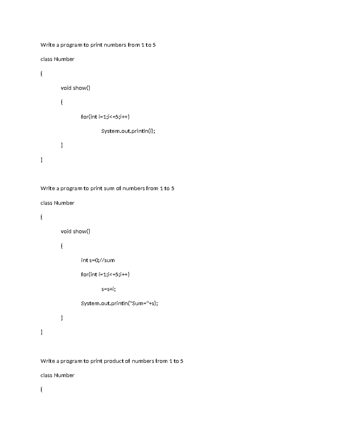 Basic Programs on Loops: Printing Numbers, Sum, and Product - Studocu