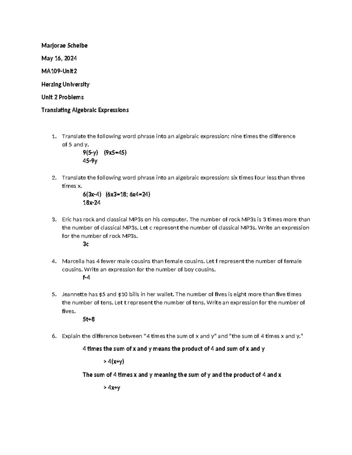 MA109-Unit2: Translating Algebraic Expressions - Unit 2 Problems - Studocu