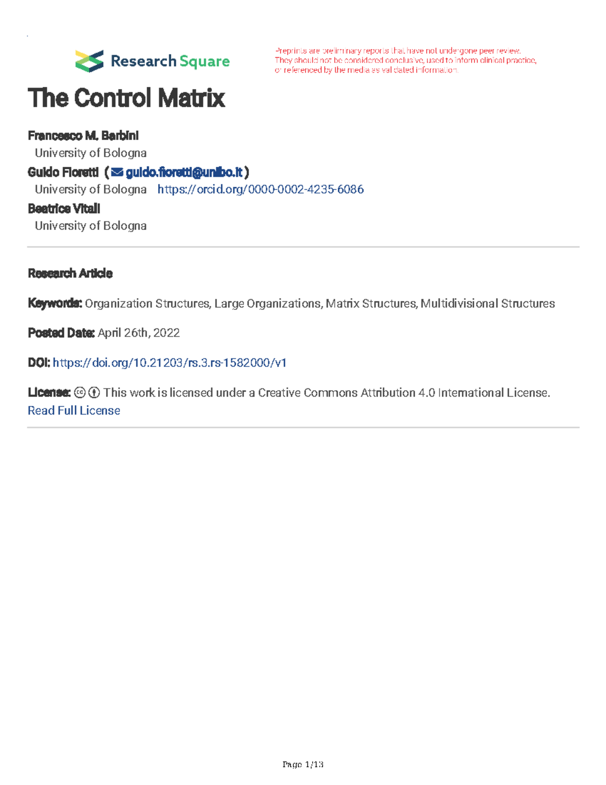 "Control Matrix in Multidivisional Structures: Insights ...