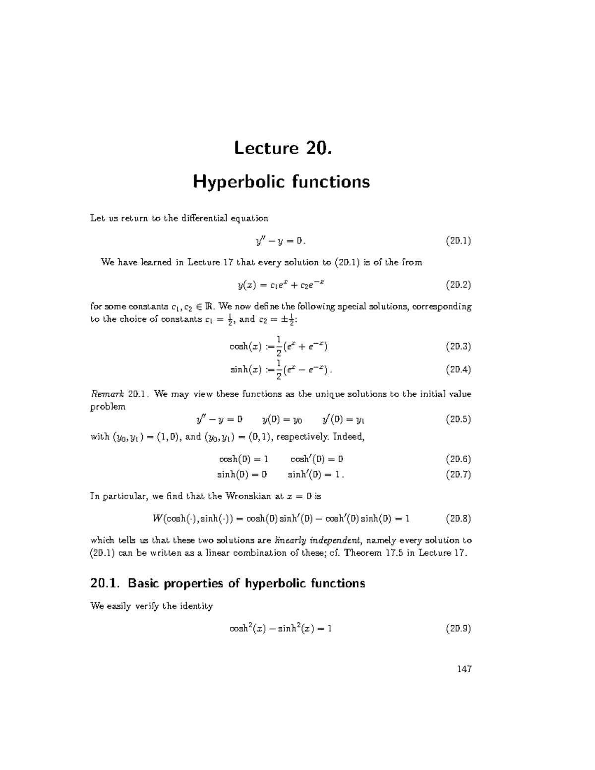 Hyperbolic Functions calculus 2 advanced lecture notes - Lecture 20 ...
