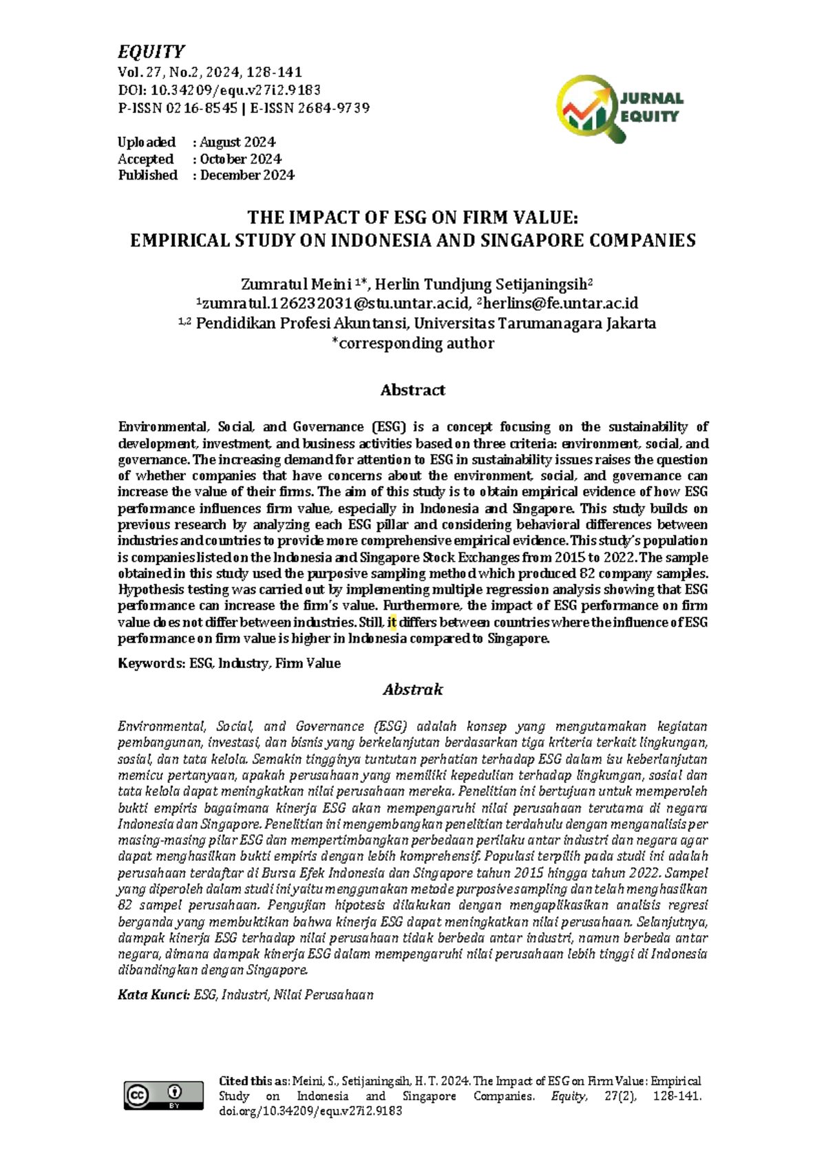 EQUITY 27(2): The Impact of ESG on Firm Value in Indonesia & Singapore ...