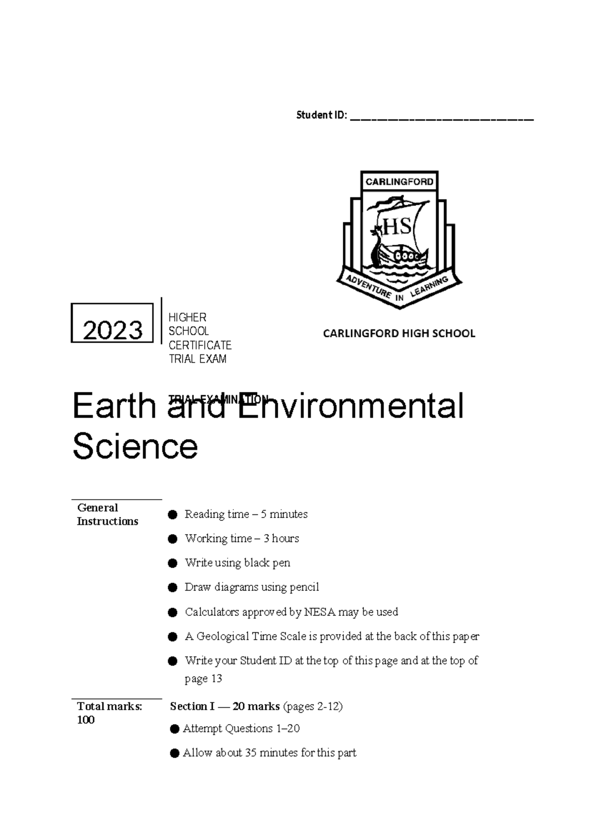 CHS 2023 Earth and Environmental Science HSC Trial Exam Guide - Studocu
