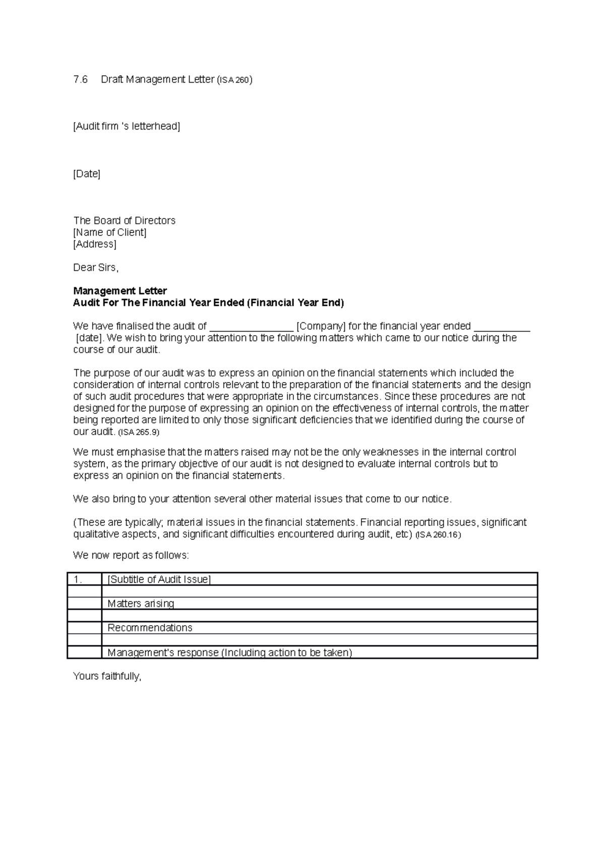 ISA 260 Draft Management Letter for Financial Year Audit - Studocu