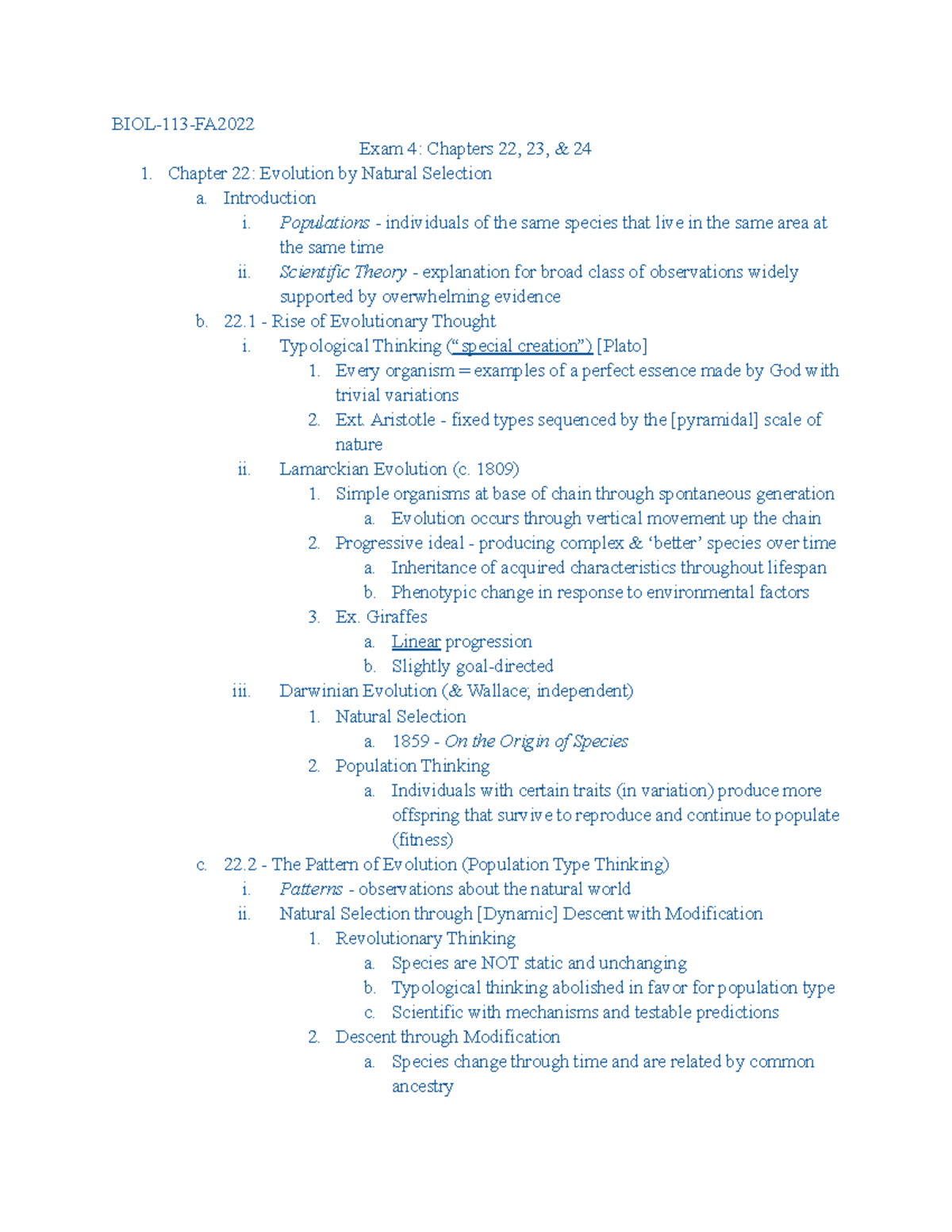 BIOL 113 Exam 4 Study Guide - BIOL-113-FA Exam 4: Chapters 22, 23, & 24 ...