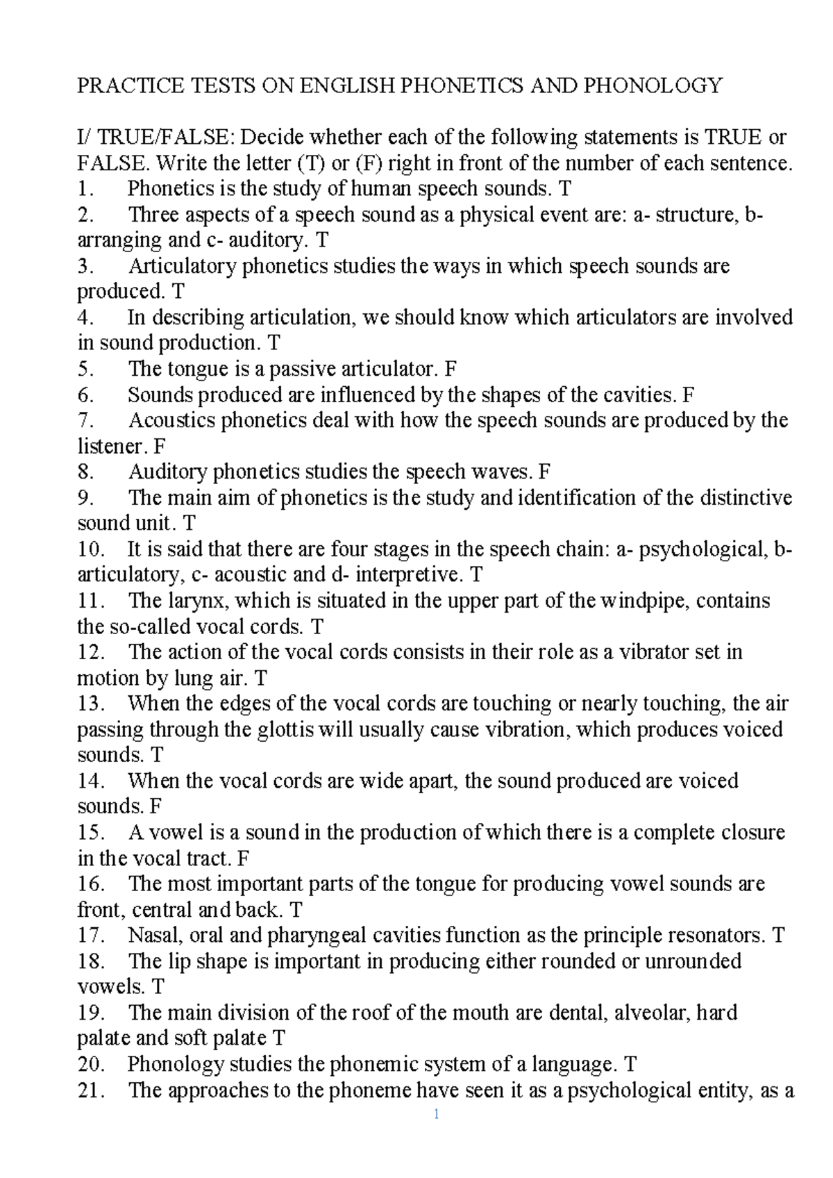 PRACTICE TESTS FOR ENGLISH PHONETICS & PHONOLOGY (ENG 101) - Studocu