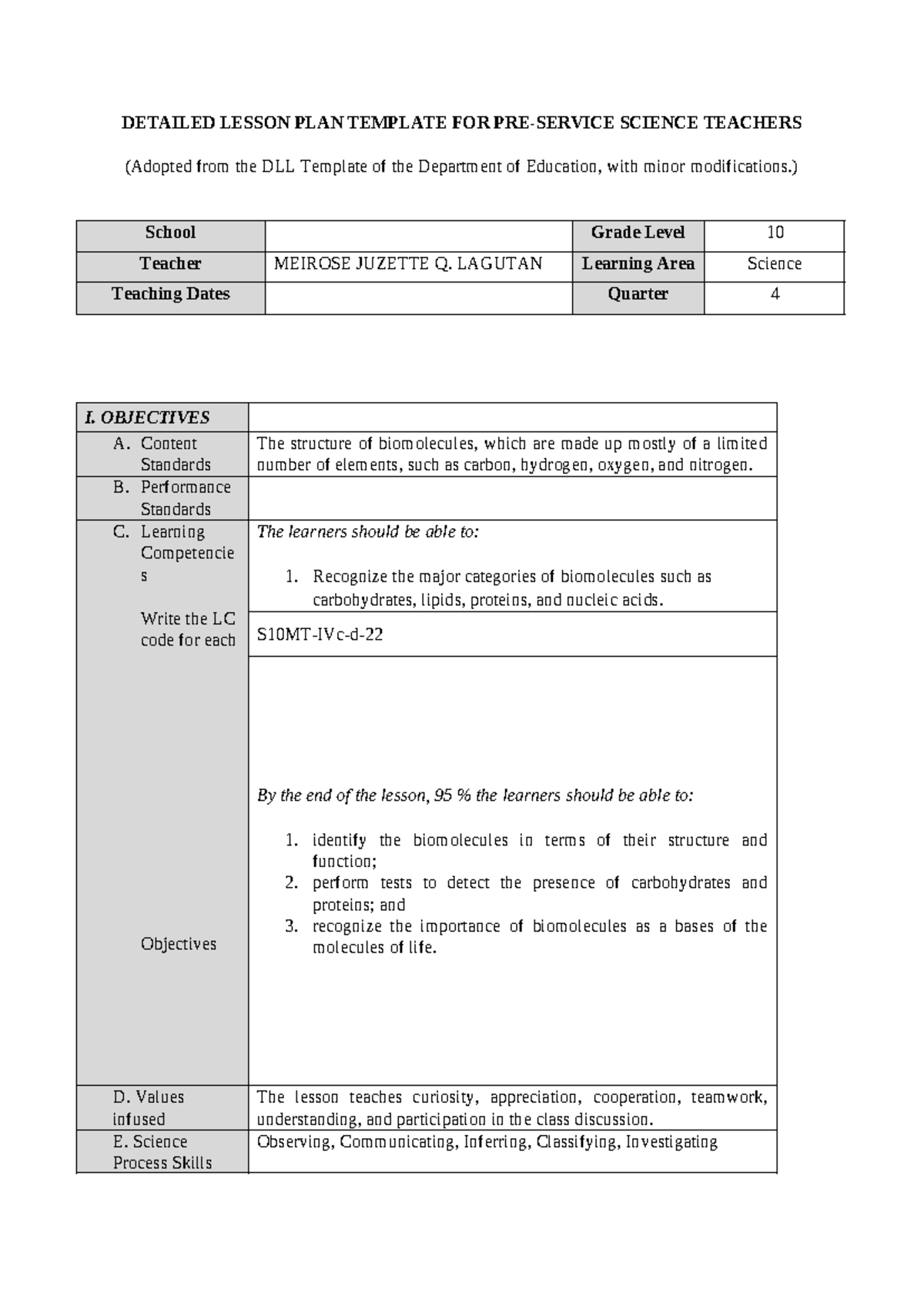 DETAILED LESSON PLAN (DLP) ON BIOMOLECULES FOR SCIENCE TEACHERS - Studocu