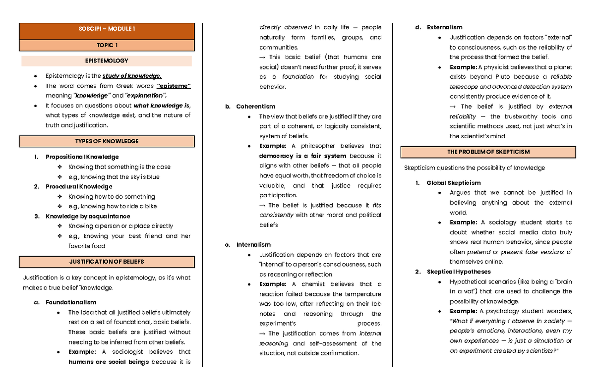 SOSCIPI MODULE 4: Epistemology and Ethics Lecture Review - Studocu