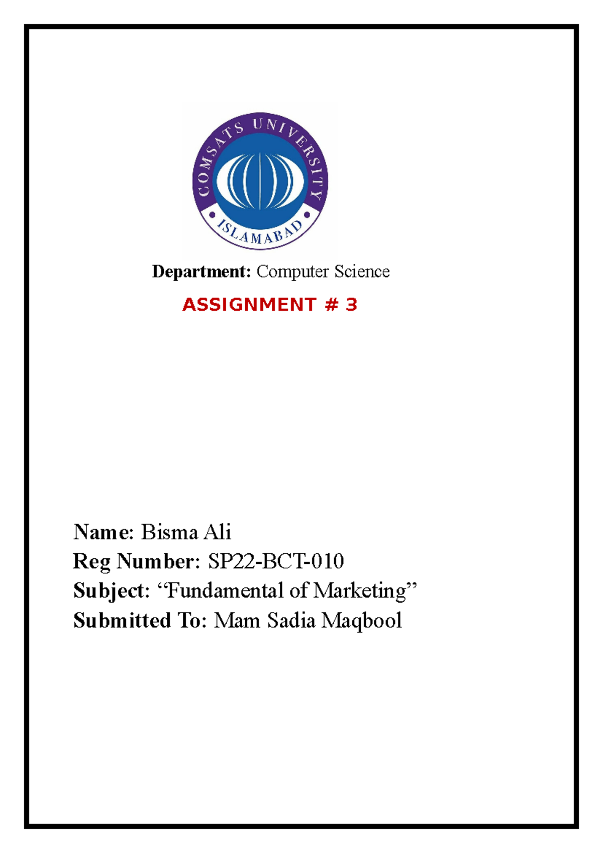 FOM Assignment 3 - Department: Computer Science ASSIGNMENT # 3 Name ...