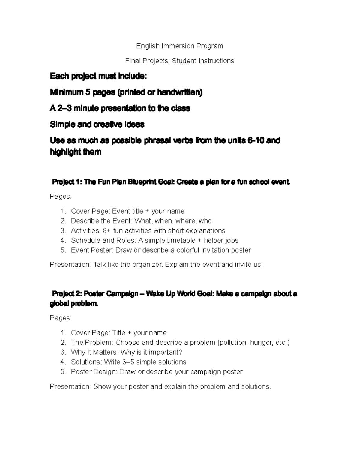Morning Int 1: English Immersion Program Final Project Guidelines - Studocu