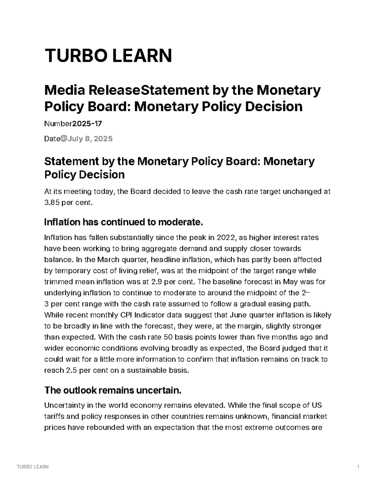 Monetary Policy Decision Statement - RBA Media Release 2025 - Studocu