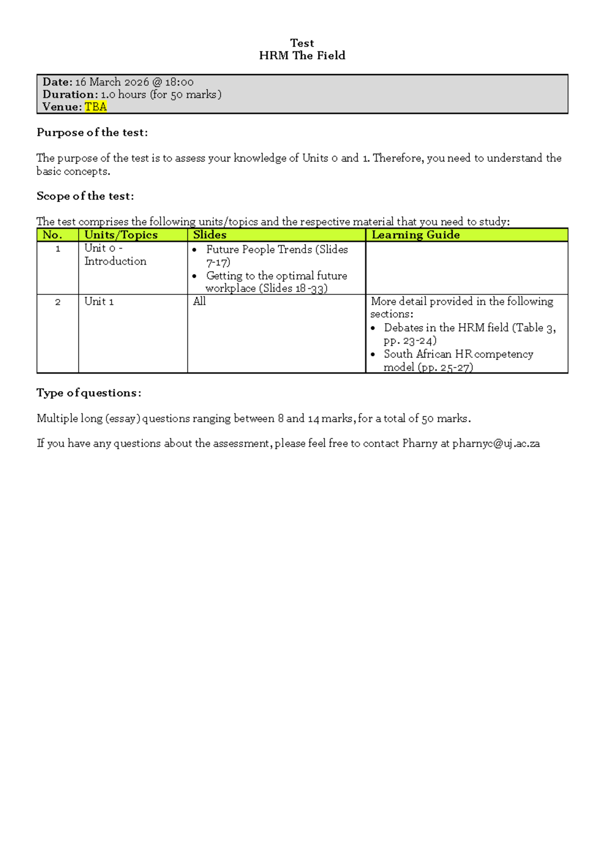 HRM Test - Units 0 and 1 Overview - Studocu