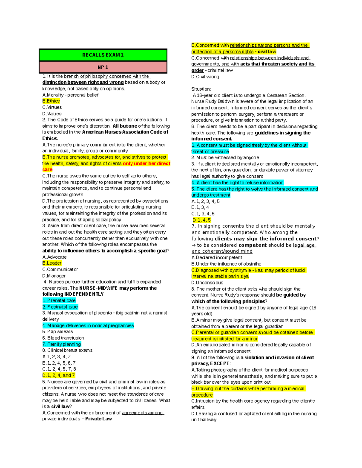RECALLS EXAM 1 NP 1: Nursing Ethics and Legal Considerations - Studocu