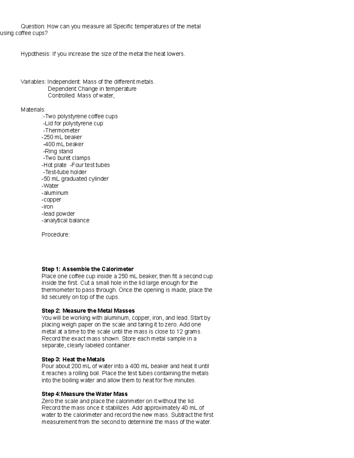 Calorimetry and Specific Heat Lab Report (EDG 101) - Studocu