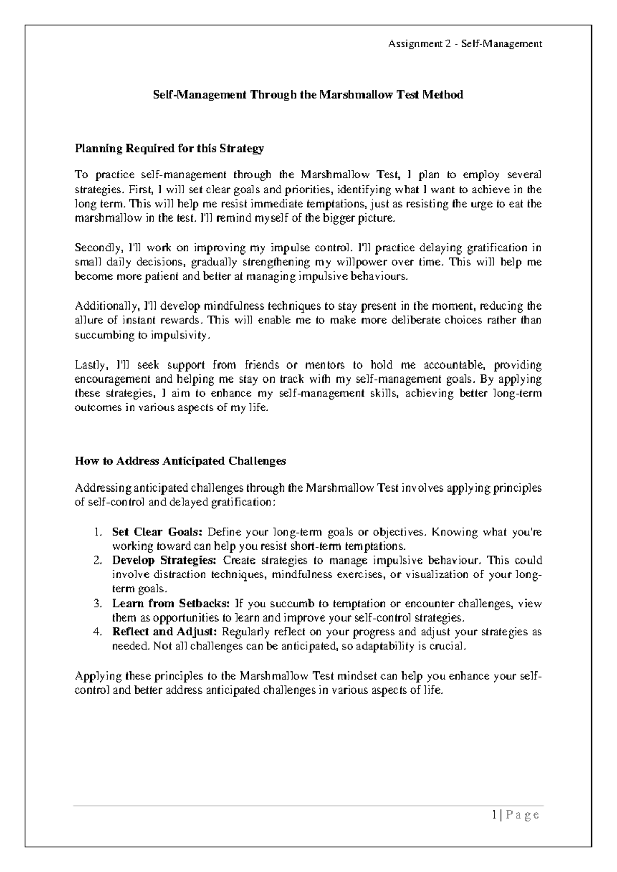 Assignment 2 - Self-Management - Assignment 2 - Self-Management 1 | P a ...