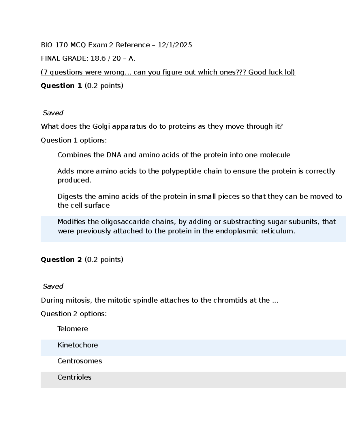 BIO 170 MCQ Exam 2 Study Guide and Key Concepts - Studocu