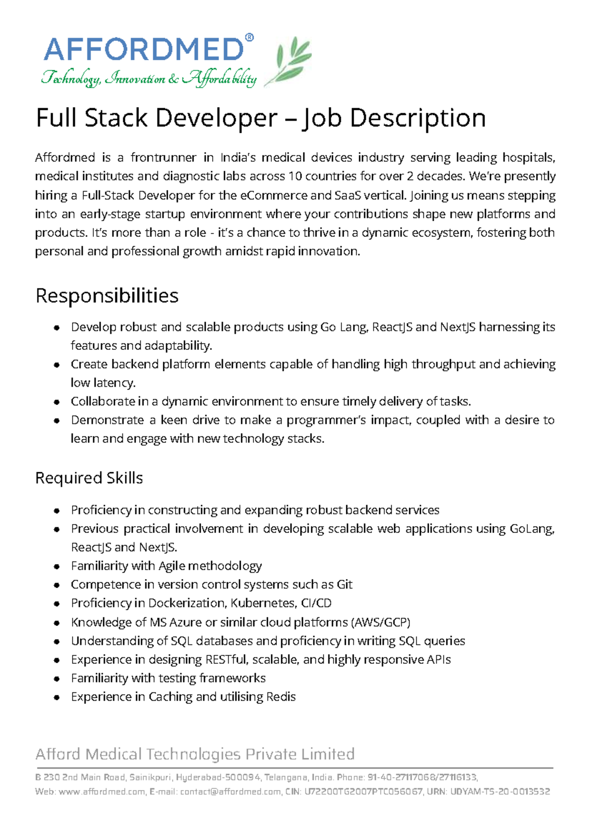 Full Stack Developer JD - AFFORDMED Tech & Innovation Role - Studocu