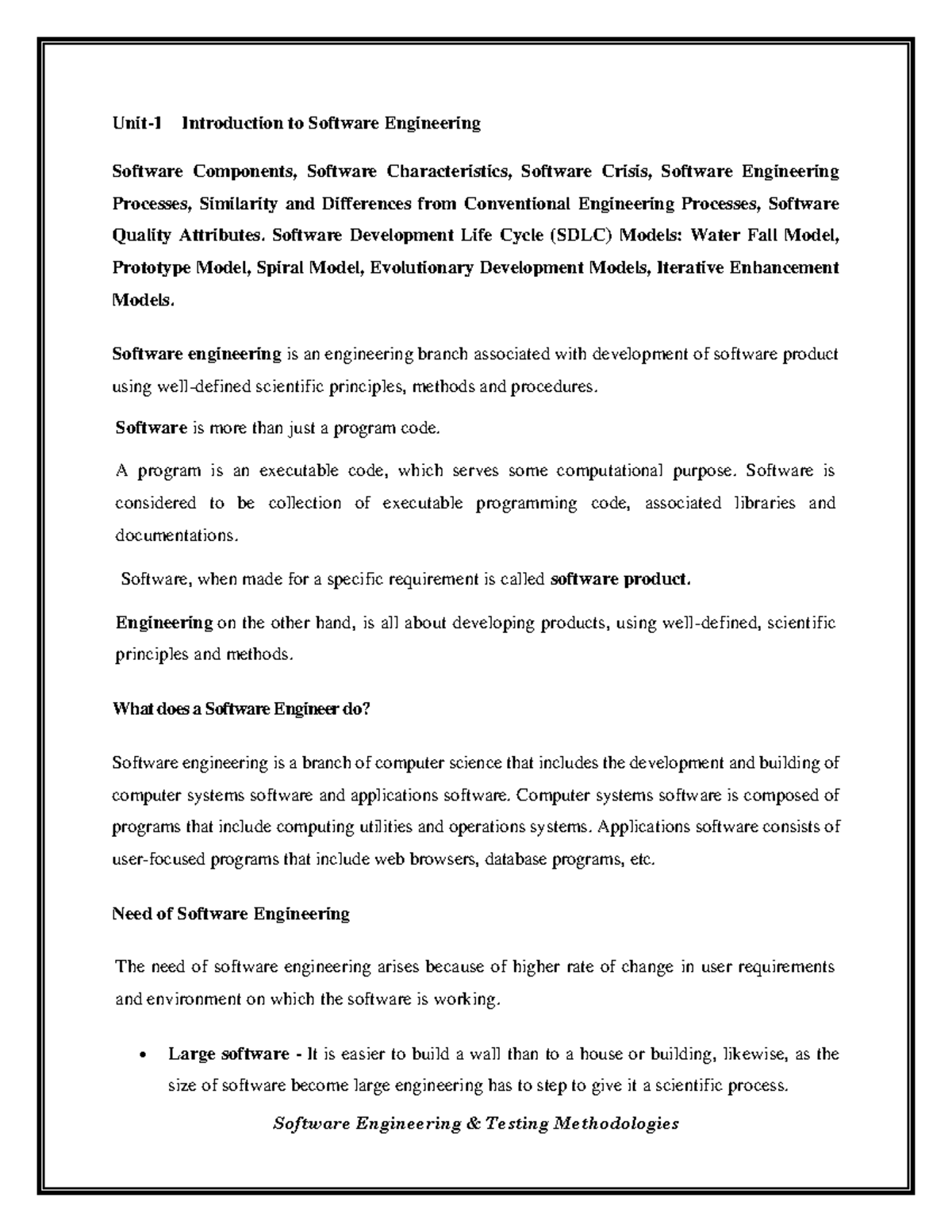 Unit 1 - Lecture notes 1-10 - Unit-1 Introduction to Software ...